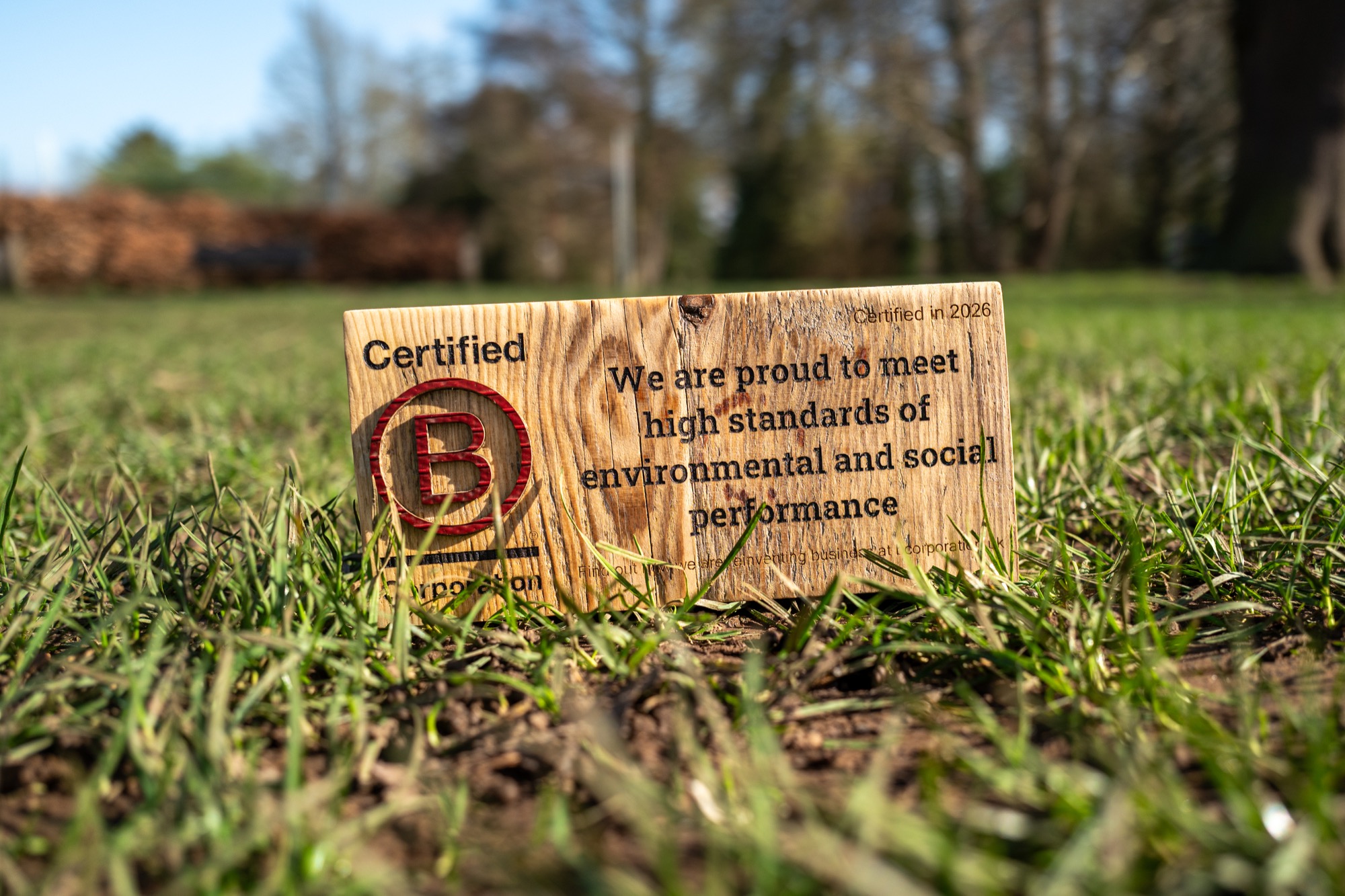 Yard B’s wooden B Corp certification plaque
