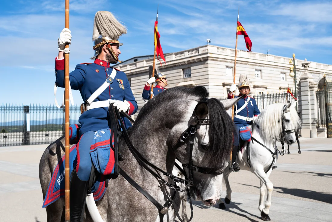 Mounted guards in bright sunshine in Madrid